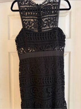 bebe Black Lace Midi Dress with Crochet Floral Detail